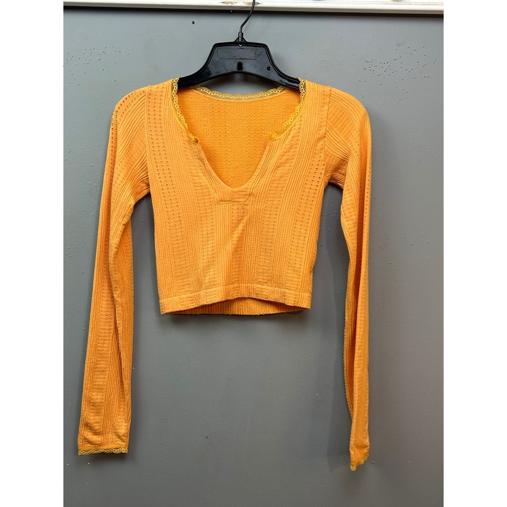 Out From Under Top Womens XS/S Orange Lace Trim‎ Pointelle Knit Long Sleeve Crop